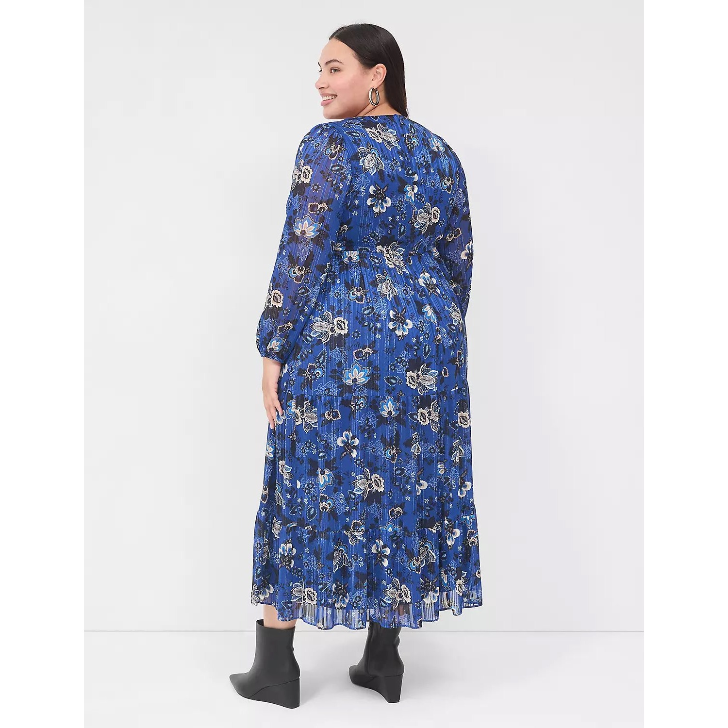 Lane Bryant Maxi Dress Floral Pleated Metallic Long Sleeve Special Occasion